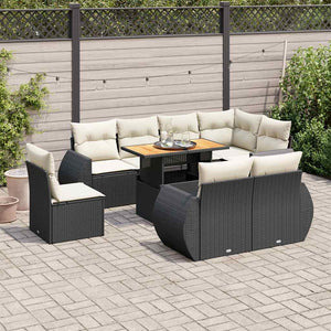 vidaXL Set Divani da Giardino 9 pz con Cuscini Nero in Polyrattan
