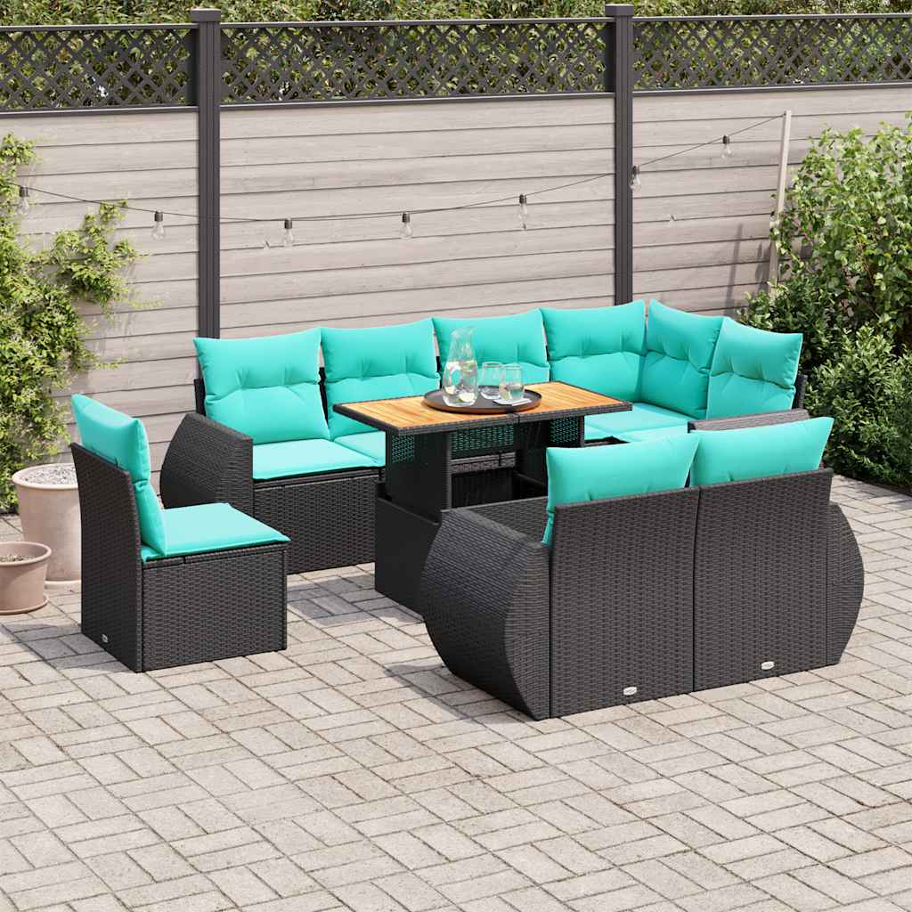 Set Divani da Giardino 9 pz con Cuscini Nero in Polyrattan 3327277