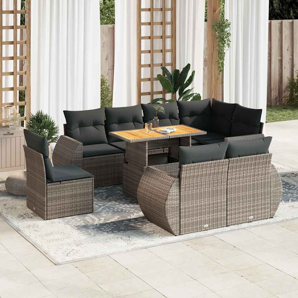 vidaXL Set Divano da Giardino 9 pz con Cuscini Grigio in Polyrattan