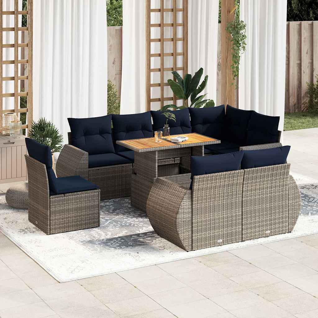 vidaXL Set Divano da Giardino 9 pz con Cuscini Grigio in Polyrattan