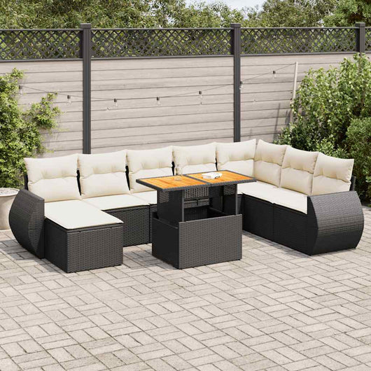 vidaXL Set Divani da Giardino 9 pz con Cuscini Nero in Polyrattan