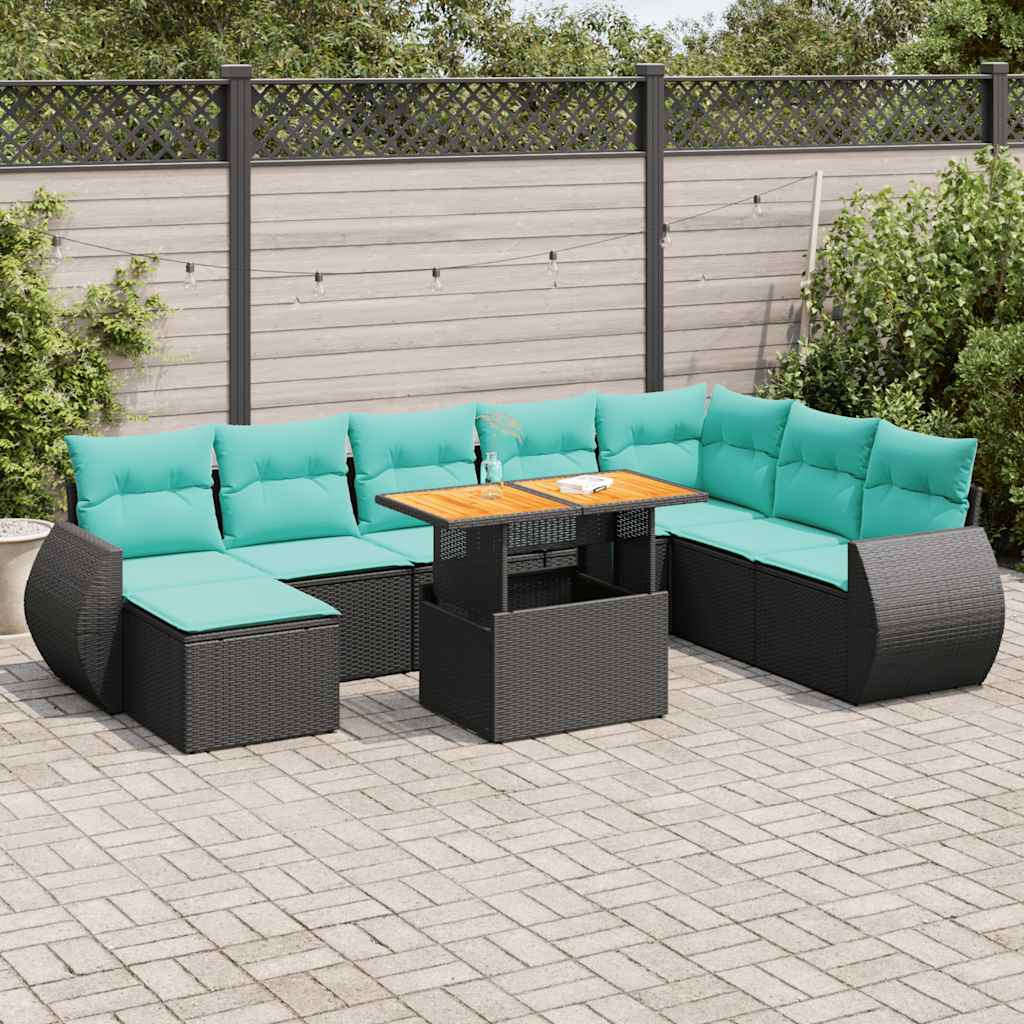 Set Divani da Giardino 9 pz con Cuscini Nero in Polyrattan 3327298