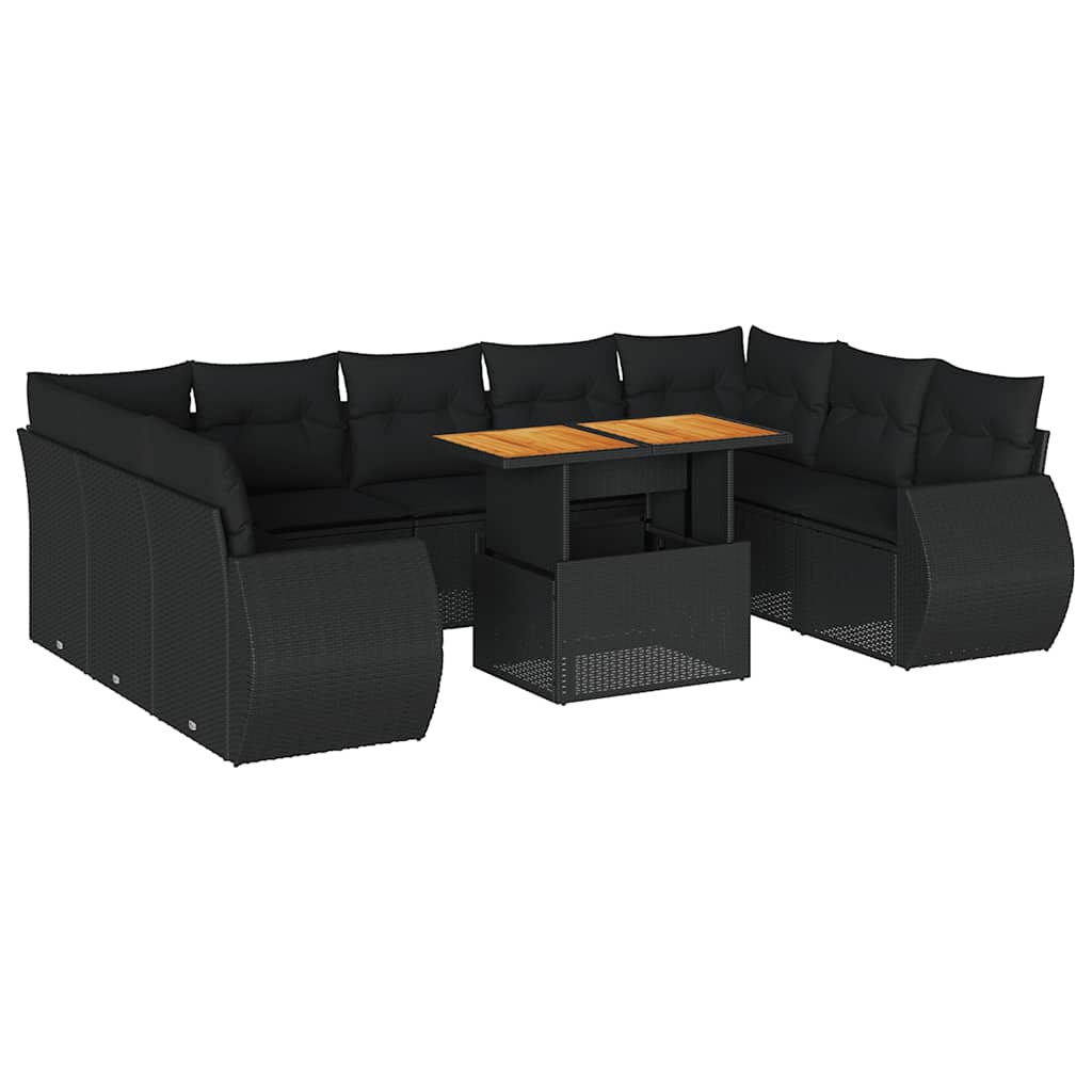 Set Divani da Giardino 10pz con Cuscini in Polyrattan Nero