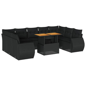 Set Divani da Giardino 10pz con Cuscini in Polyrattan Nero