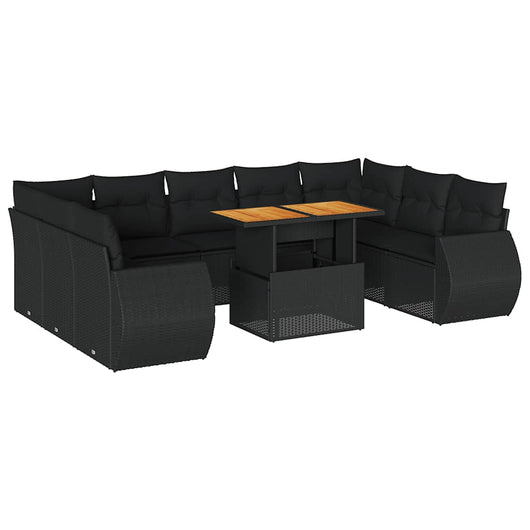 Set Divani da Giardino 10pz con Cuscini in Polyrattan Nero