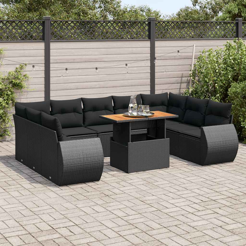 Set Divani da Giardino 10pz con Cuscini in Polyrattan Nero