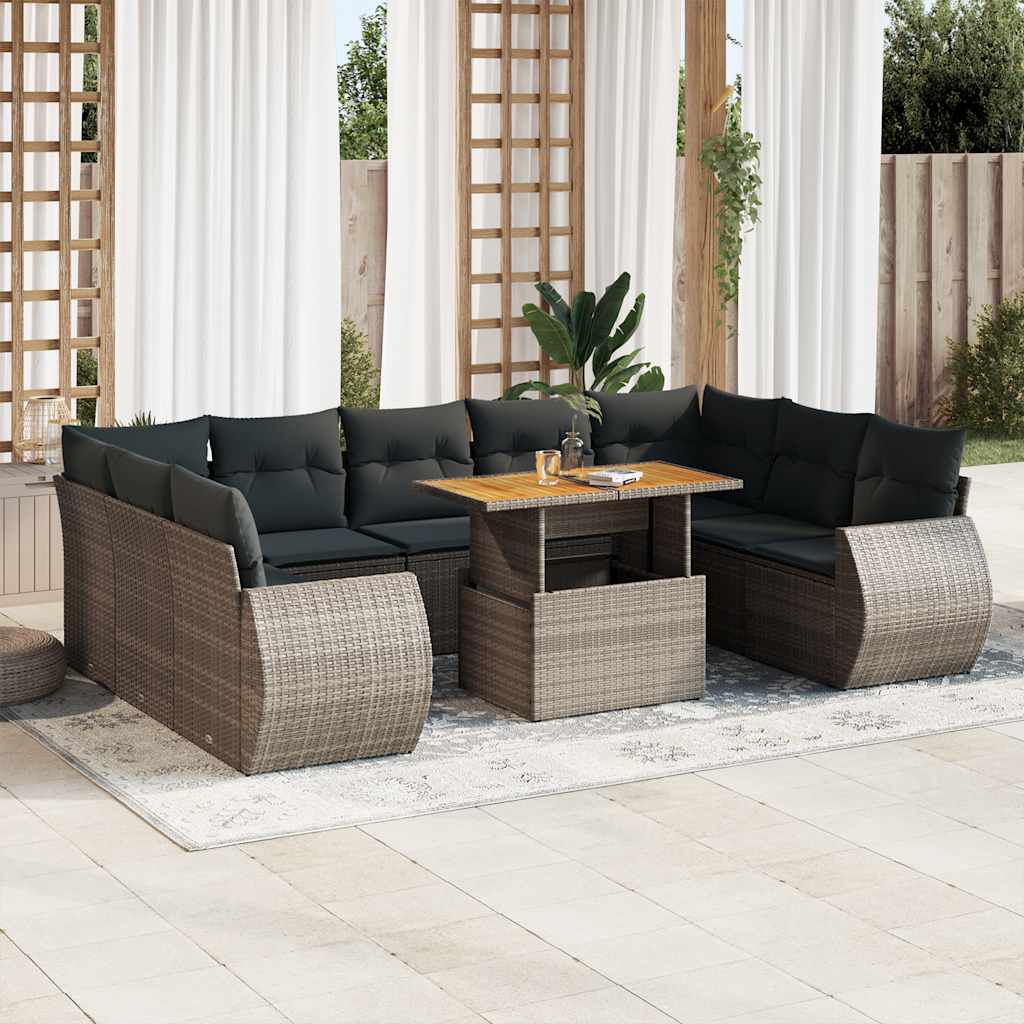 Set Divano da Giardino 10 pz con Cuscini Grigio in Polyrattan