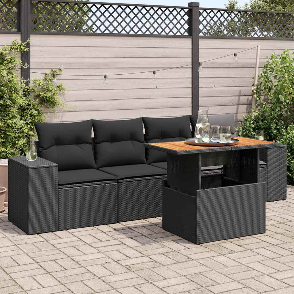 Set Divani da Giardino 5 pz con Cuscini in Polyrattan Nero
