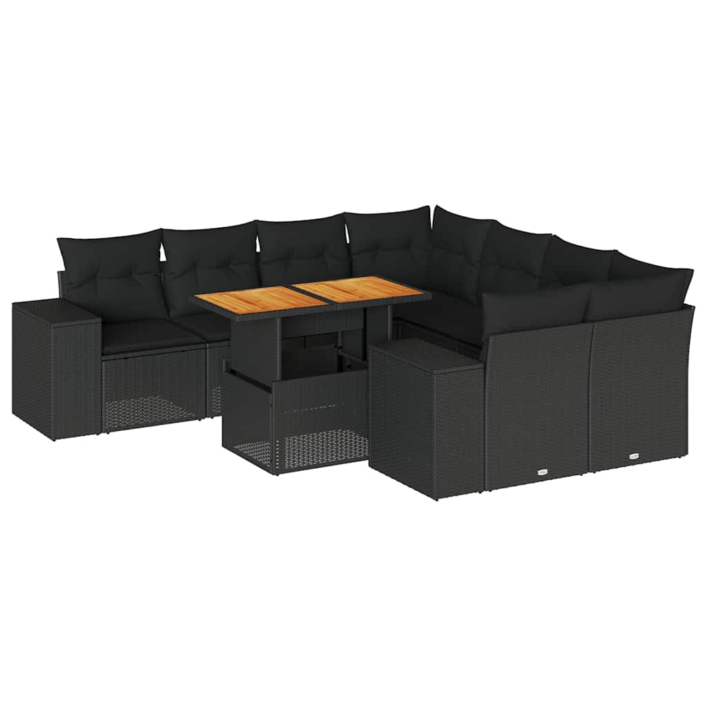 vidaXL Set Divani da Giardino 9 pz con Cuscini Nero in Polyrattan