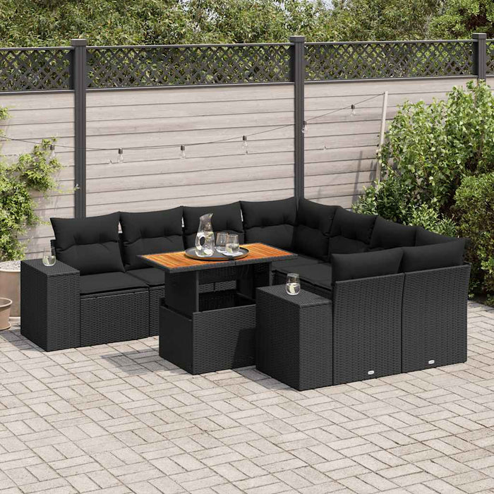 vidaXL Set Divani da Giardino 9 pz con Cuscini Nero in Polyrattan