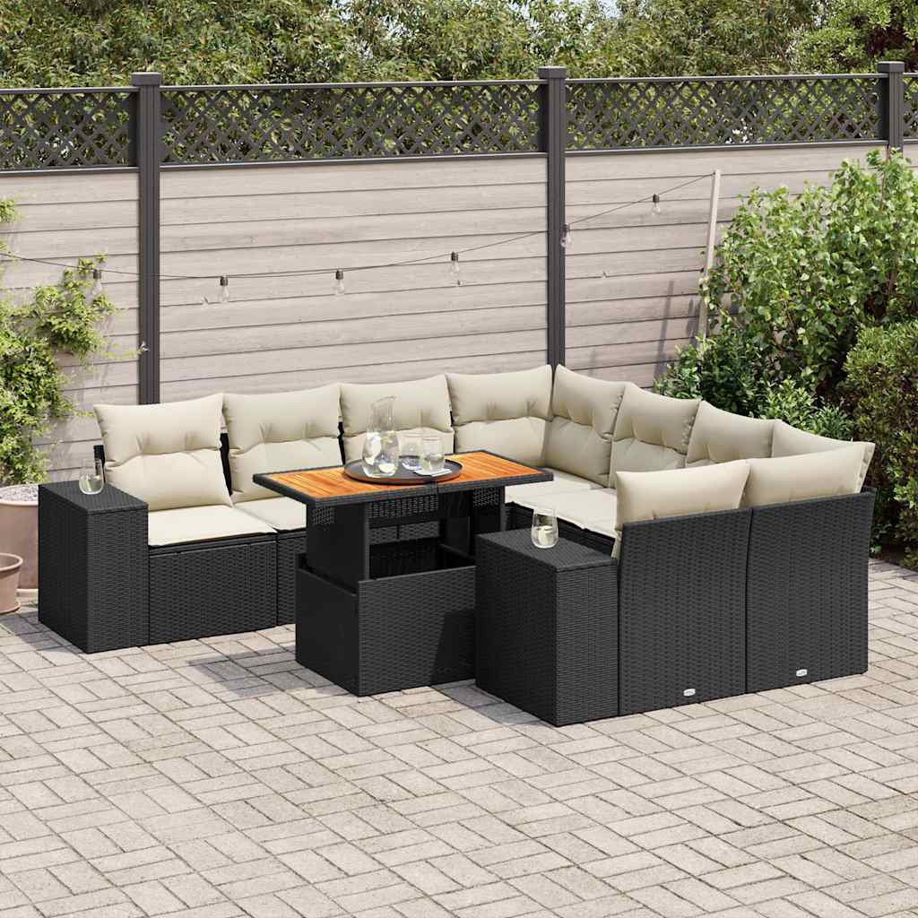 vidaXL Set Divani da Giardino 9 pz con Cuscini Nero in Polyrattan