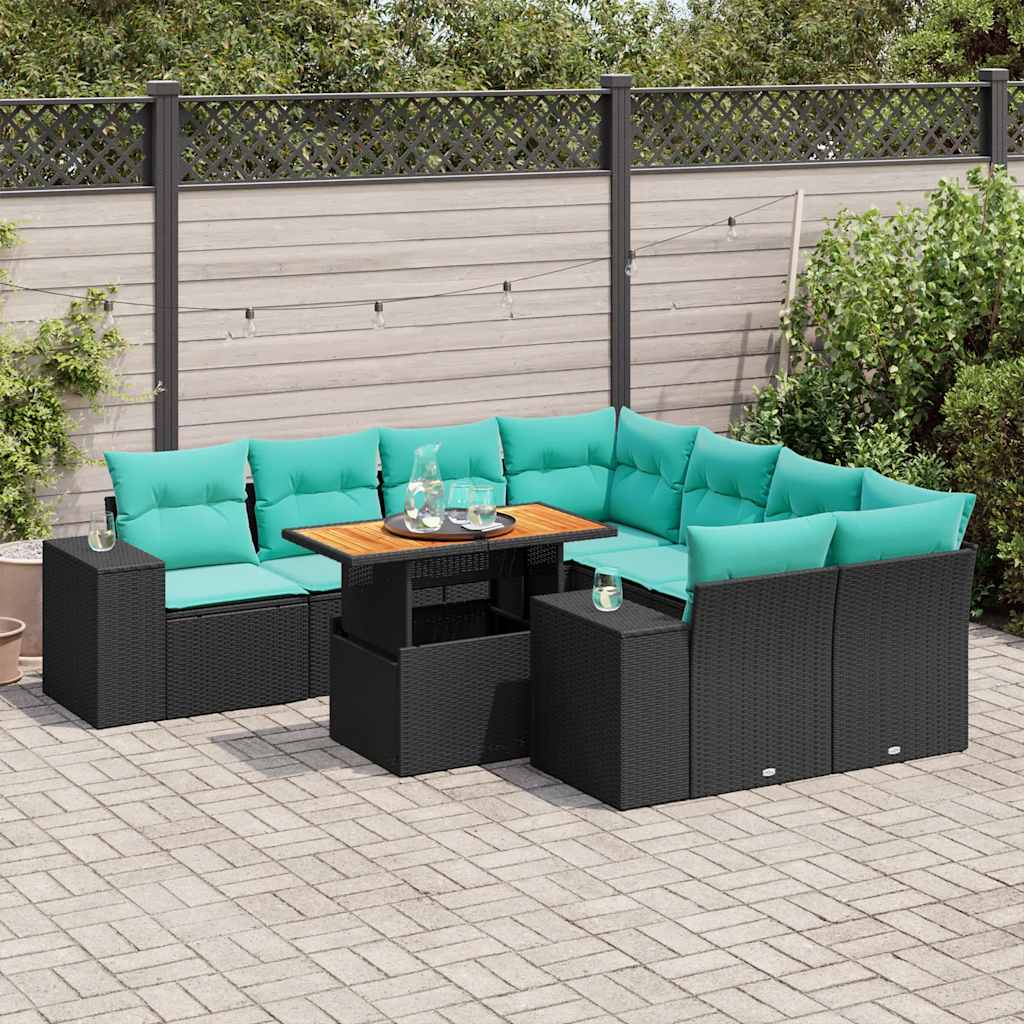 Set Divani da Giardino 9 pz con Cuscini Nero in Polyrattan 3327354