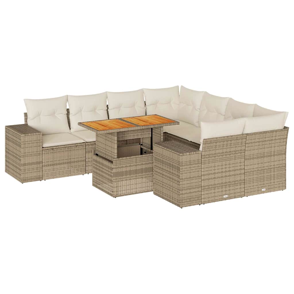 Set Divano da Giardino 9 pz con Cuscini Beige in Polyrattan