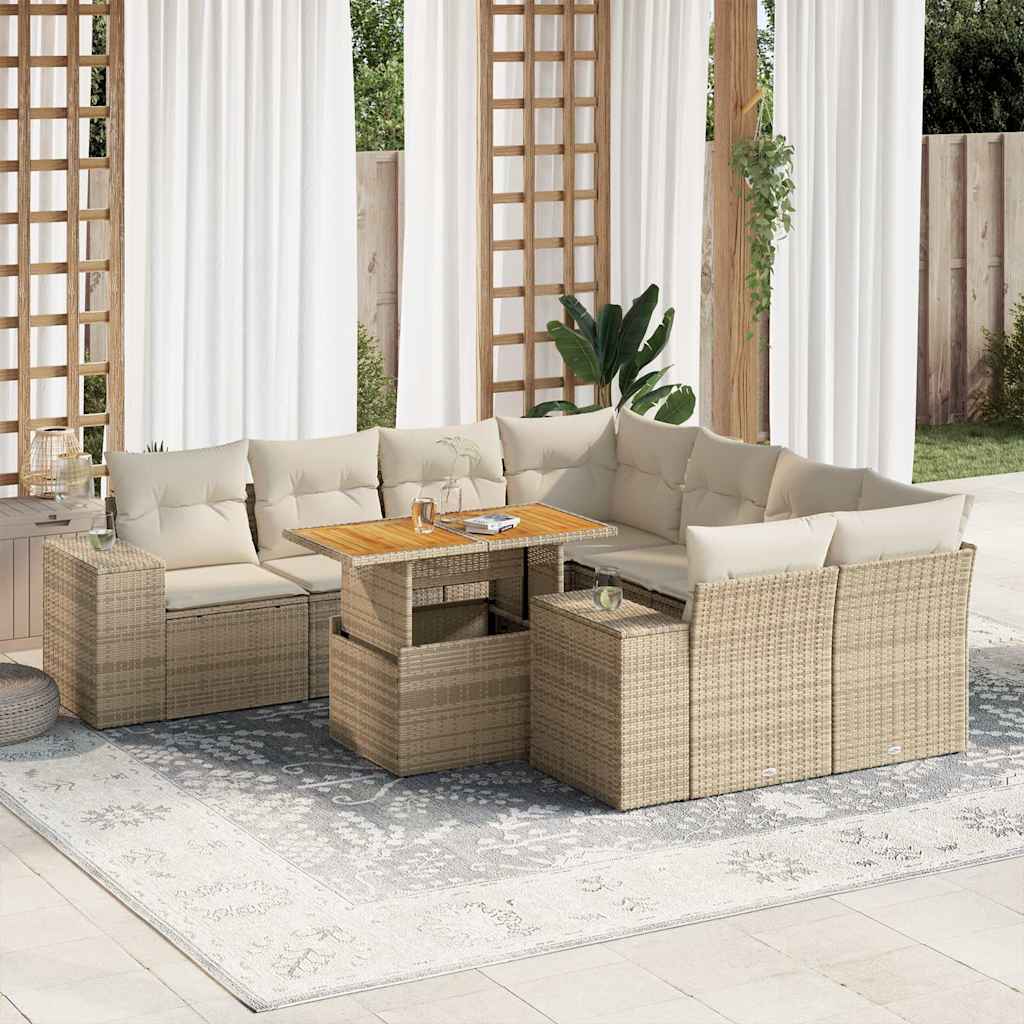 Set Divano da Giardino 9 pz con Cuscini Beige in Polyrattan