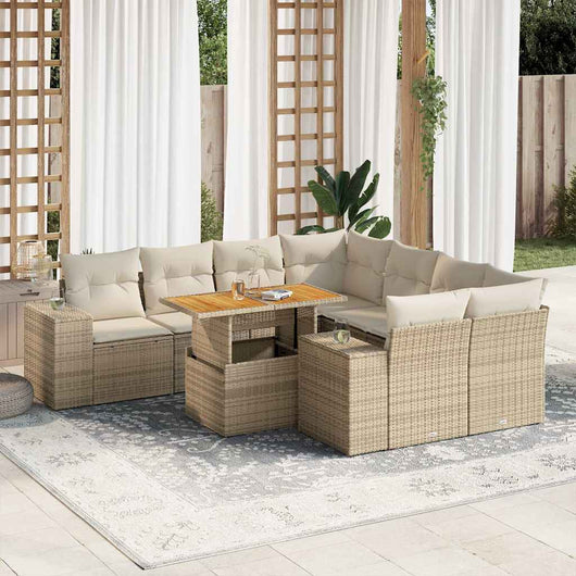 Set Divano da Giardino 9 pz con Cuscini Beige in Polyrattan