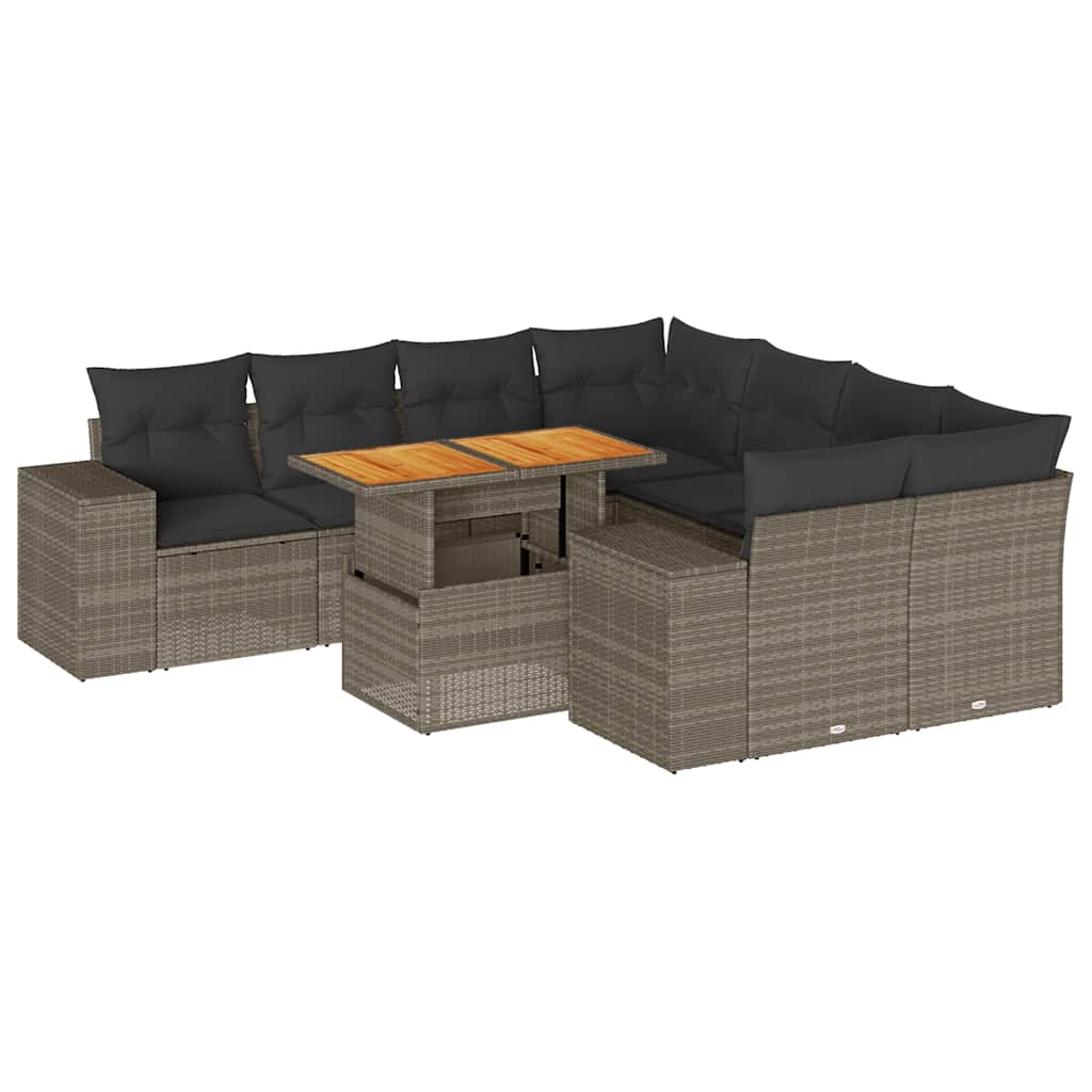 Set Divano da Giardino 9 pz con Cuscini Grigio in Polyrattan