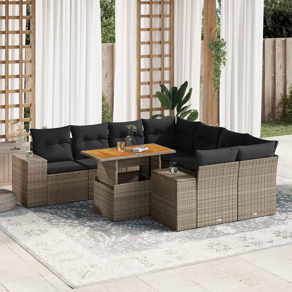Set Divano da Giardino 9 pz con Cuscini Grigio in Polyrattan