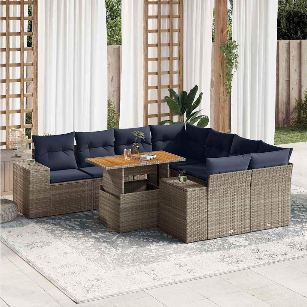 vidaXL Set Divano da Giardino 9 pz con Cuscini Grigio in Polyrattan