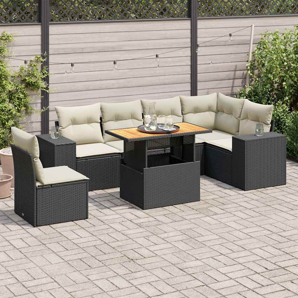 Set Divani da Giardino con Cuscini 7pz Nero Polyrattan