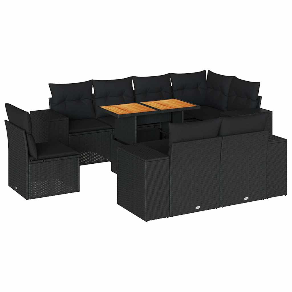 vidaXL Set Divani da Giardino 9 pz con Cuscini Nero in Polyrattan