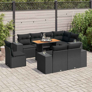 vidaXL Set Divani da Giardino 9 pz con Cuscini Nero in Polyrattan