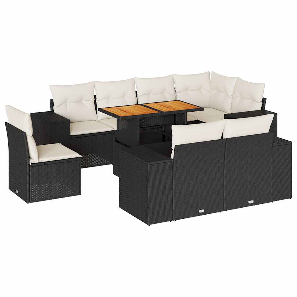 Set Divani da Giardino 9 pz con Cuscini Nero in Polyrattan
