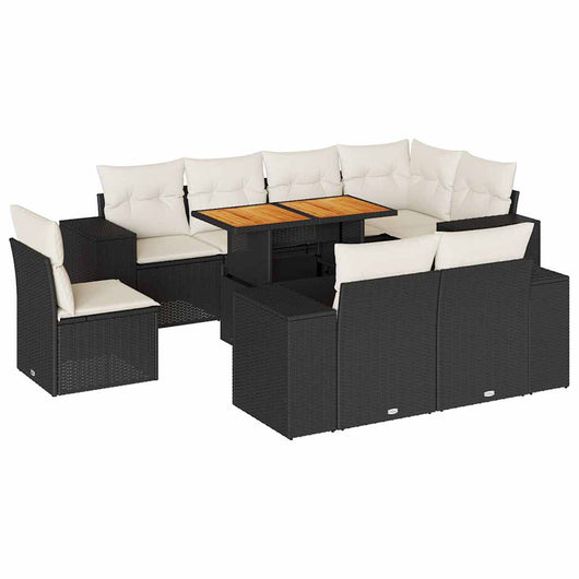 Set Divani da Giardino 9 pz con Cuscini Nero in Polyrattan