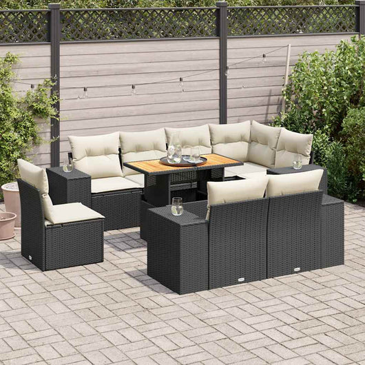 Set Divani da Giardino 9 pz con Cuscini Nero in Polyrattan
