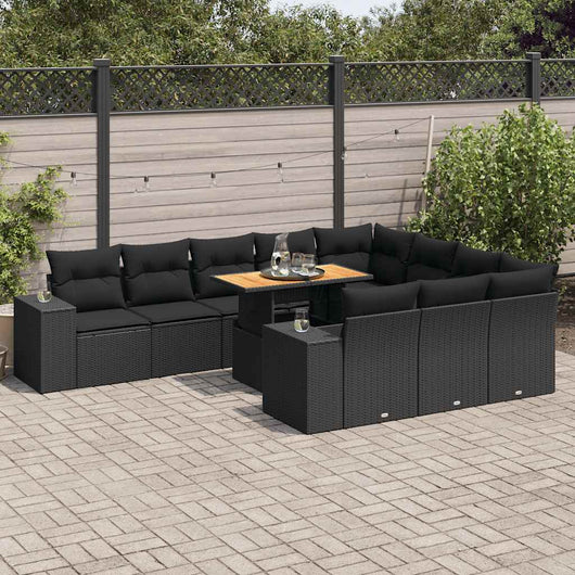 Set Divani Giardino 10pz con Cuscini Nero in Polyrattan Acacia 3327422