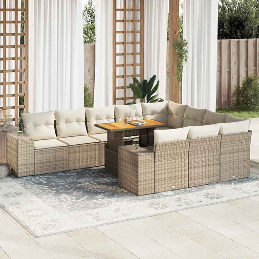 Divano da Giardino 10 pz con Cuscini Beige in Polyrattan Acacia