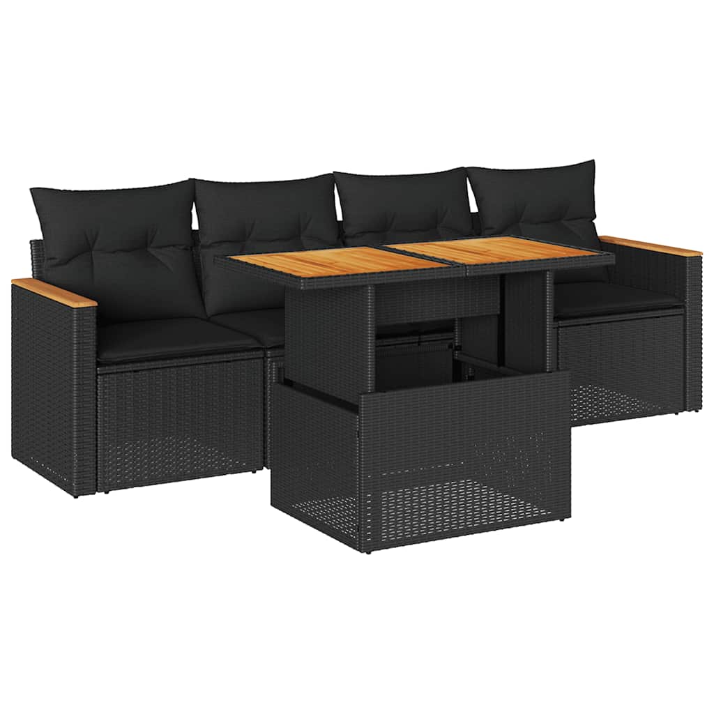 vidaXL Set Divani da Giardino 5 pz con Cuscini Nero Polyrattan Acacia