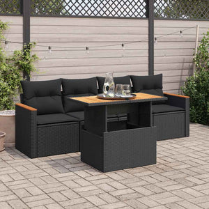 vidaXL Set Divani da Giardino 5 pz con Cuscini Nero Polyrattan Acacia