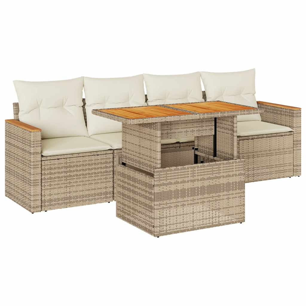 Set Divano da Giardino 5 pz con Cuscini Beige Polyrattan Acacia 3327432