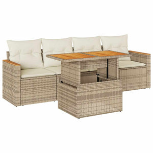 Set Divano da Giardino 5 pz con Cuscini Beige Polyrattan Acacia