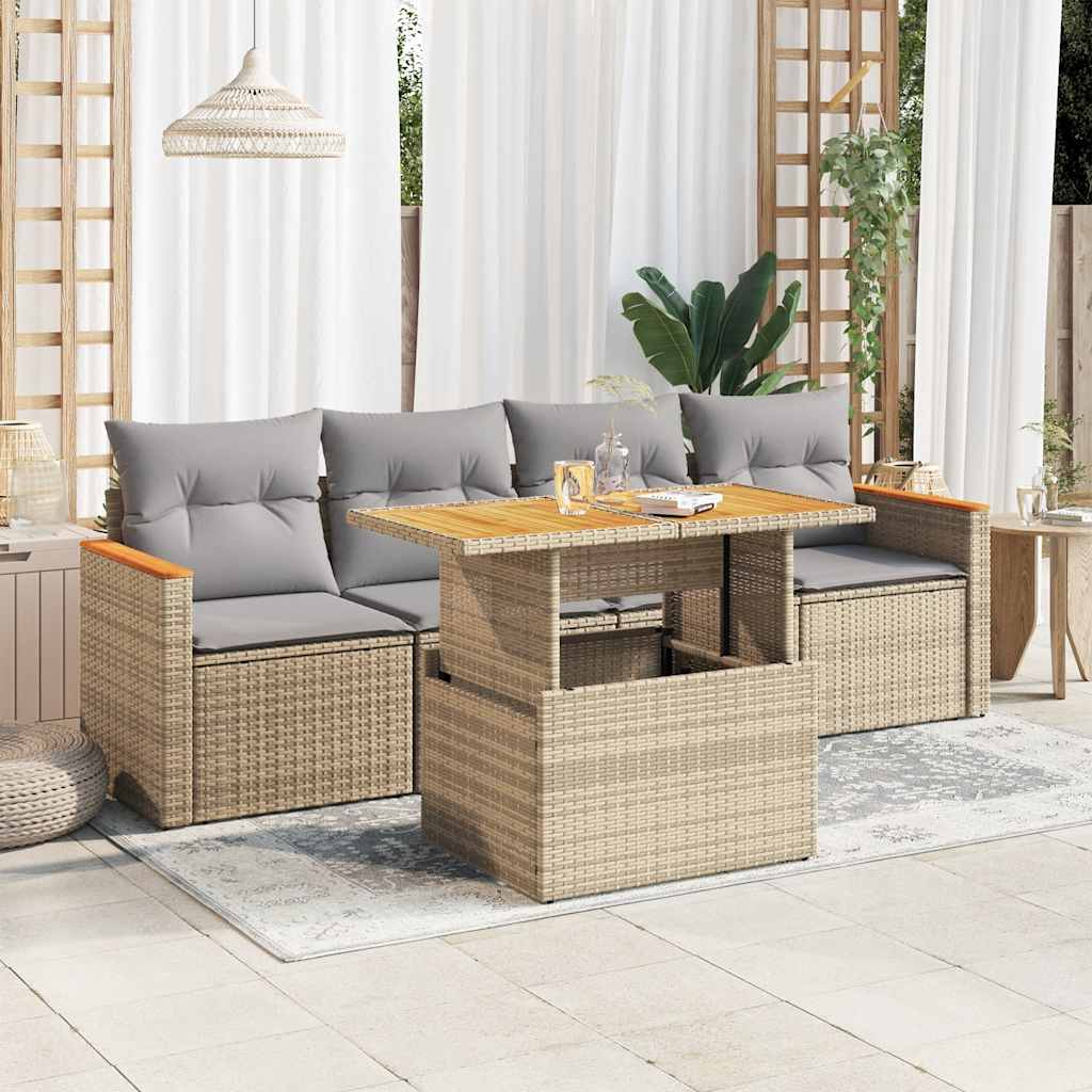 Set Divano da Giardino 5 pz con Cuscini Beige Polyrattan Acacia 3327433