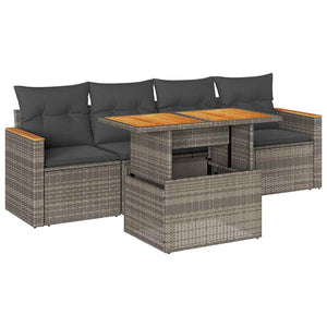 Set Divano Giardino 5 pz con Cuscini-Sofa da Giardino-Divanetto da esterno Grigio Polyrattan Acacia 824123