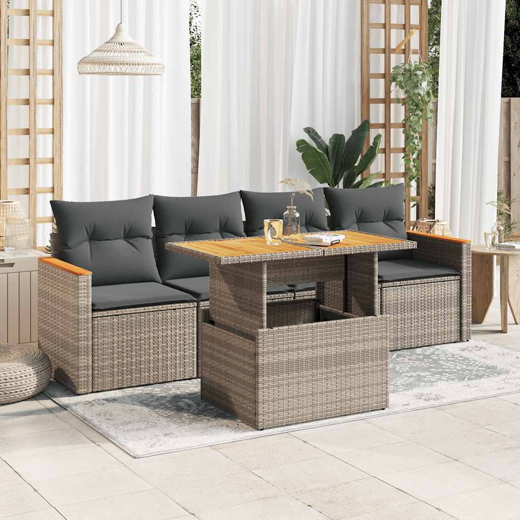 vidaXL Set Divano Giardino 5 pz con Cuscini Grigio Polyrattan Acacia