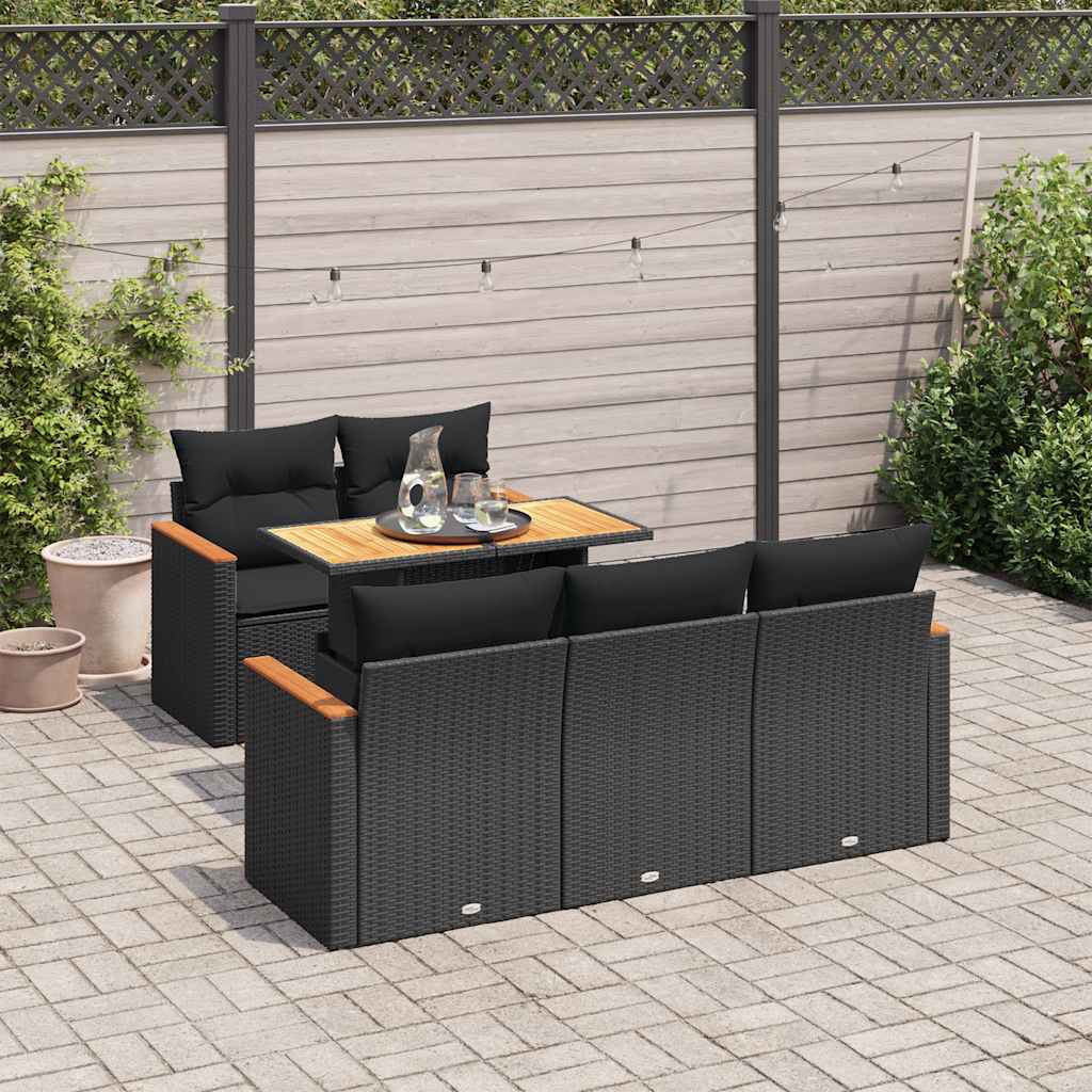 vidaXL Set Divano da Giardino 6 pz con Cuscini Nero Polyrattan Acacia