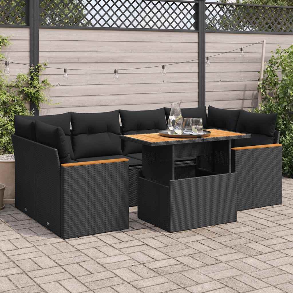 Set Divano da Giardino 6 pz con Cuscini Nero Polyrattan Acacia 3327450