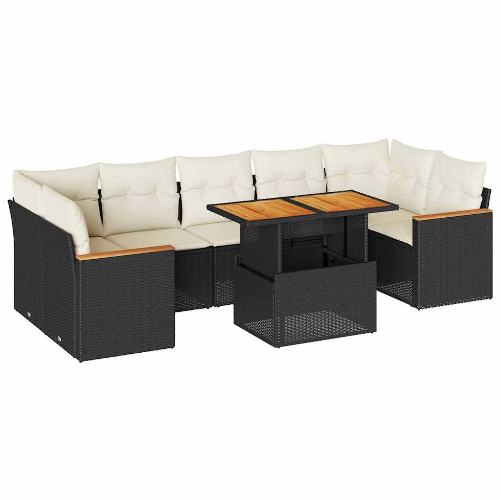 Set Divani da Giardino con Cuscini 8 pz Nero Polyrattan Acacia