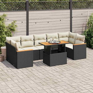 Set Divani da Giardino con Cuscini 8 pz Nero Polyrattan Acacia