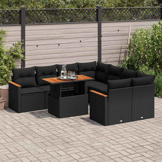 Set Divani da Giardino 9 pz con Cuscini Nero Polyrattan Acacia