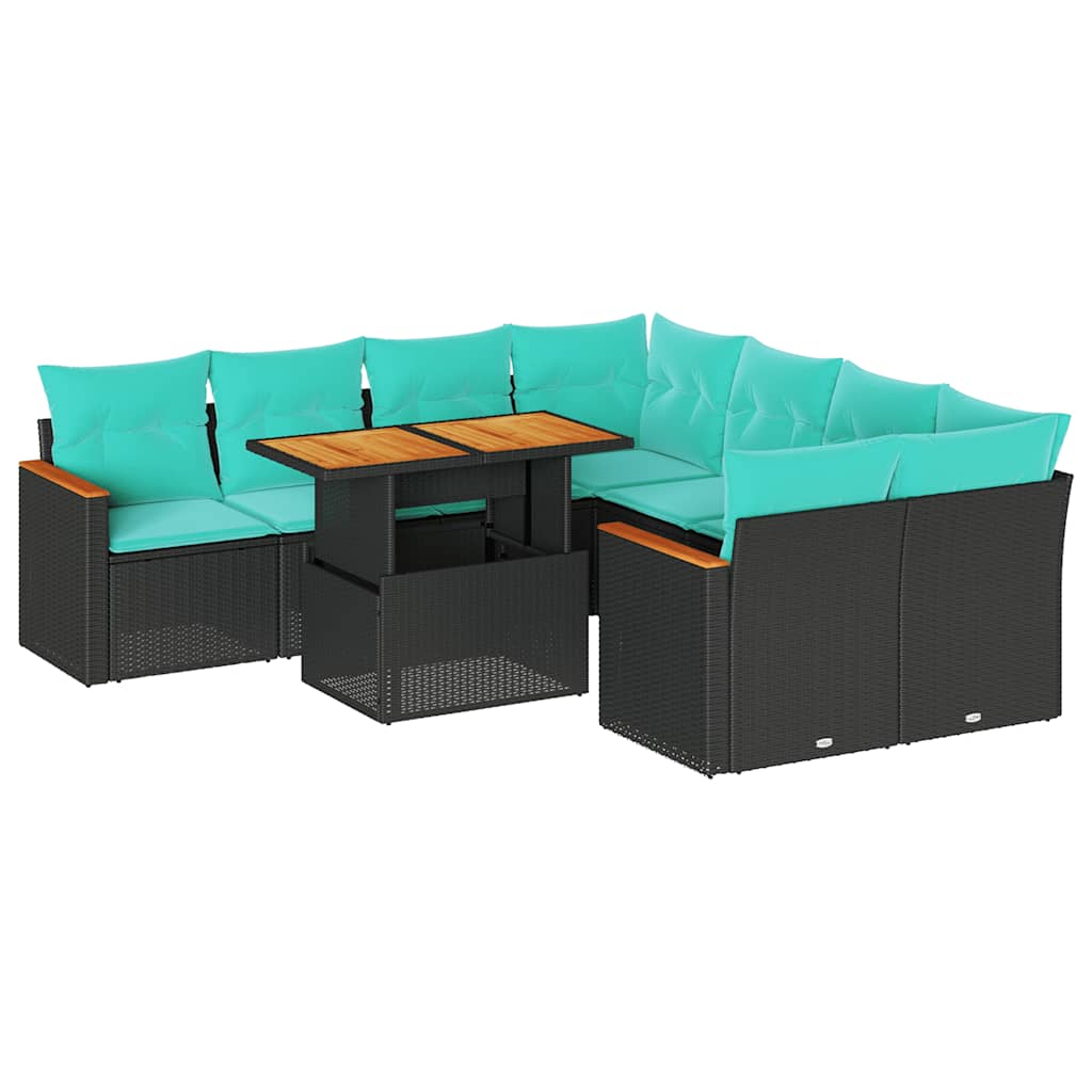 Set Divani da Giardino 9 pz con Cuscini Nero in Polyrattan 3327466