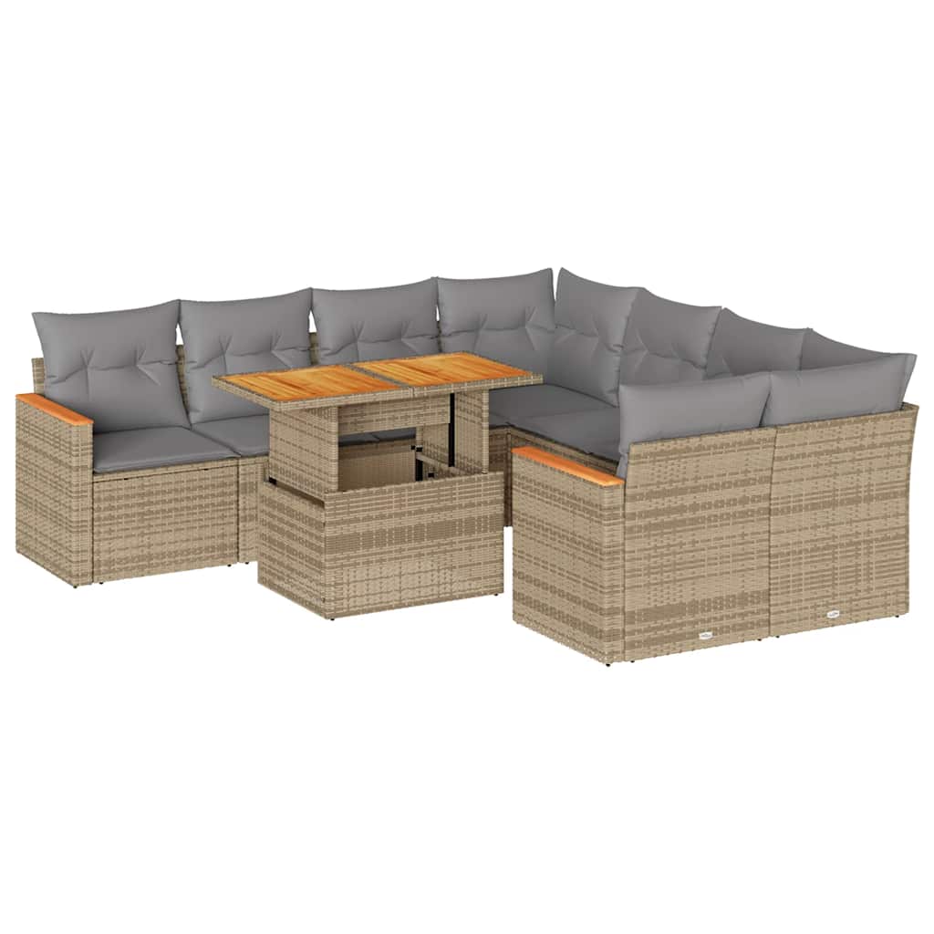 Set Divano da Giardino 9 pz con Cuscini Beige Polyrattan Acacia 3327468