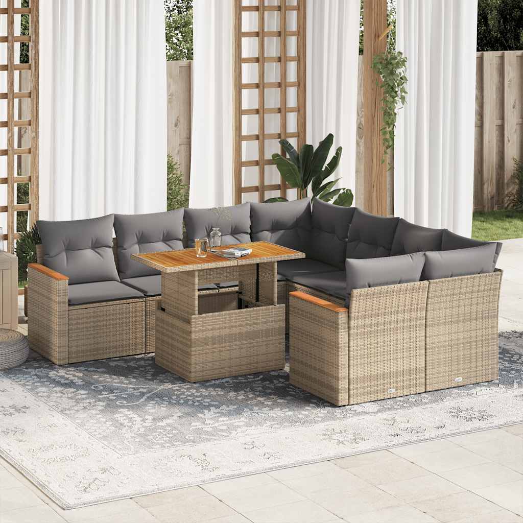 vidaXL Set Divano da Giardino 9 pz con Cuscini Beige Polyrattan Acacia
