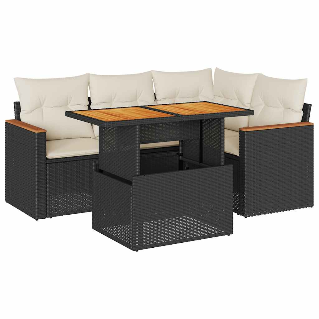 Set Divani da Giardino 5 pz con Cuscini Nero Polyrattan Acacia