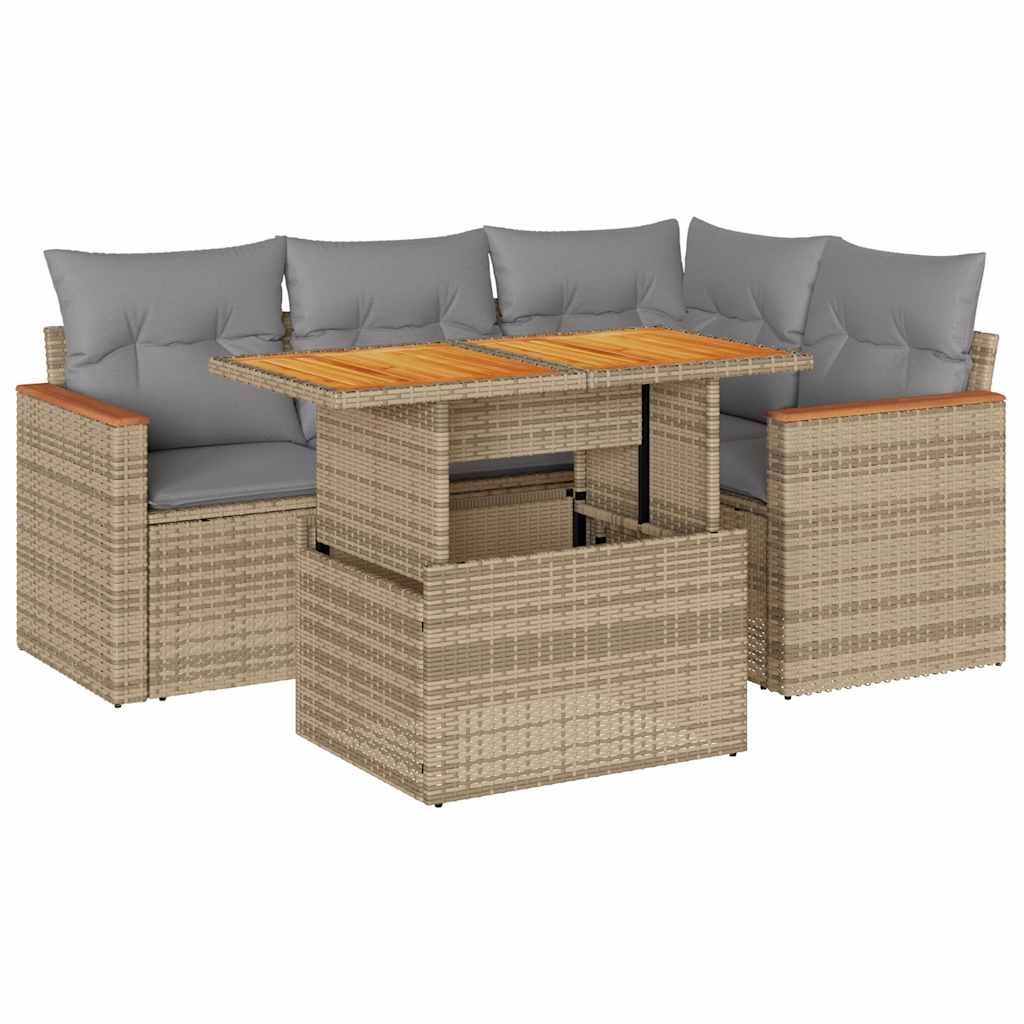 vidaXL Set Divano da Giardino 5 pz con Cuscini Beige Polyrattan Acacia