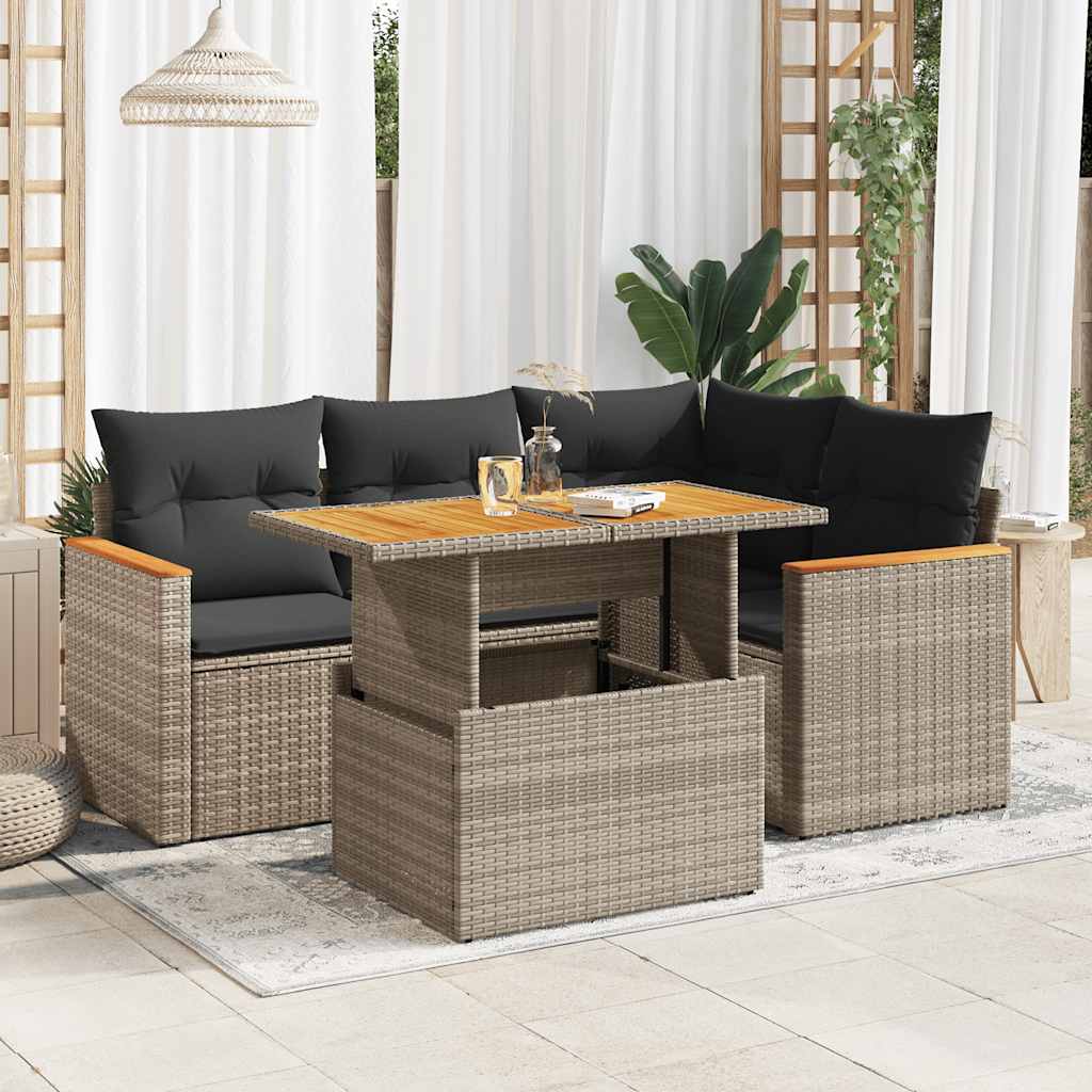vidaXL Set Divano Giardino 5 pz con Cuscini Grigio Polyrattan Acacia