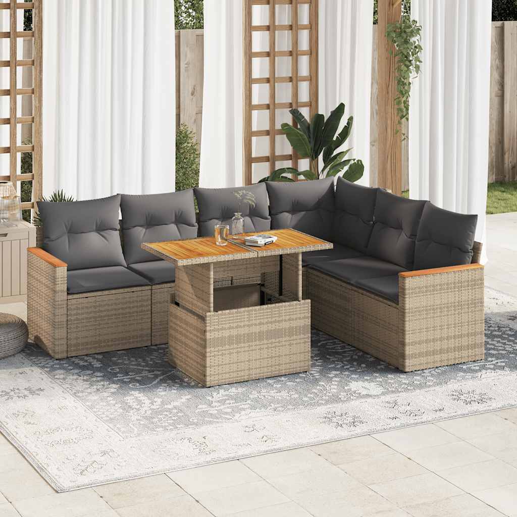 vidaXL Set Divani da Giardino 7 pz con Cuscini Beige Polyrattan Acacia