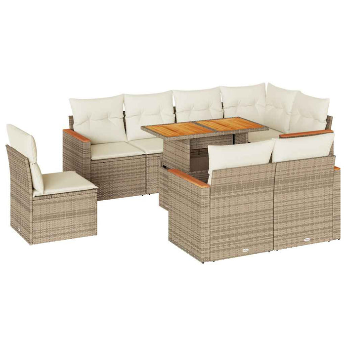 Set Divano da Giardino 9 pz con Cuscini Beige Polyrattan Acacia